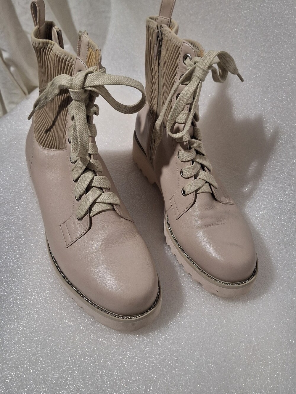 Neutral Lace-Up Combat Boots - Women's Cream Ankle Boots